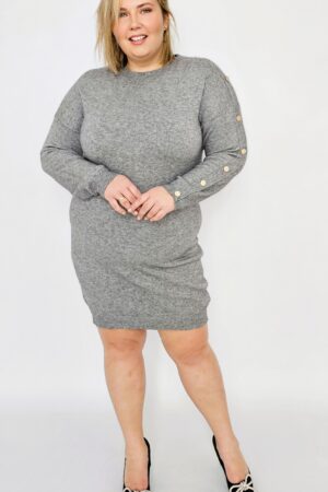 Sweterkowa sukienka z guziczkami na rękawie- szara