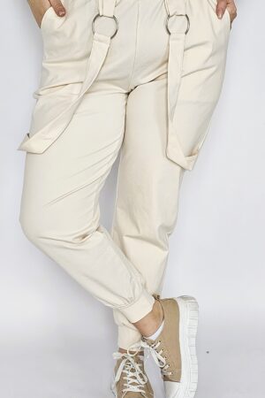 Spodnie materiałowe z ozdobnymi paskami - kremowy