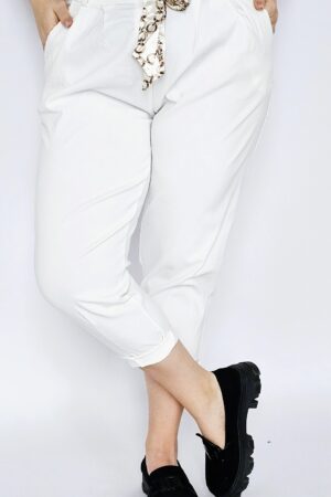 Spodnie materiałowe z ozdobną wstążką - białe