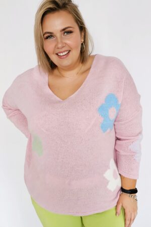 Sweter z kwiatami na przodzie - różowy