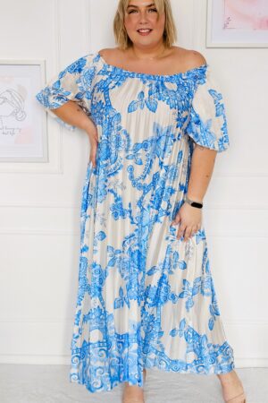 Sukienka długa hiszpanka satynowa - ecru z błękitnym wzorem