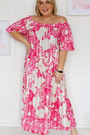 Sukienka długa hiszpanka satynowa - ecru z różowym wzorem