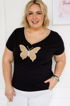 Bluzka z haftowanym motylem na przodzie - czarna