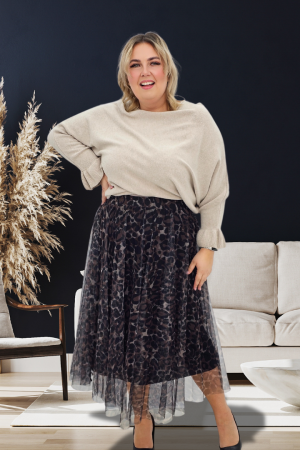 Elegancka spódnica midi z tiulową warstwą i zwierzęcym printem panterki