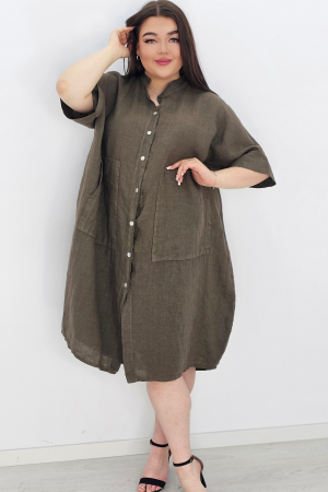 Lniana sukienka koszulowa - khaki